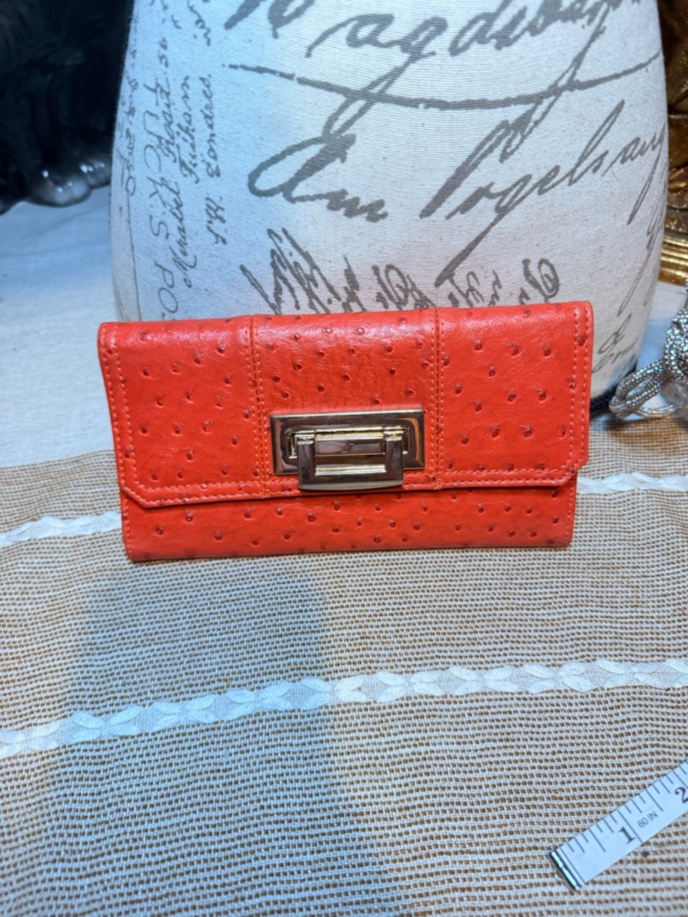 Women's red Faux-Ostrich Clutch Wallet with Gold Hardware
